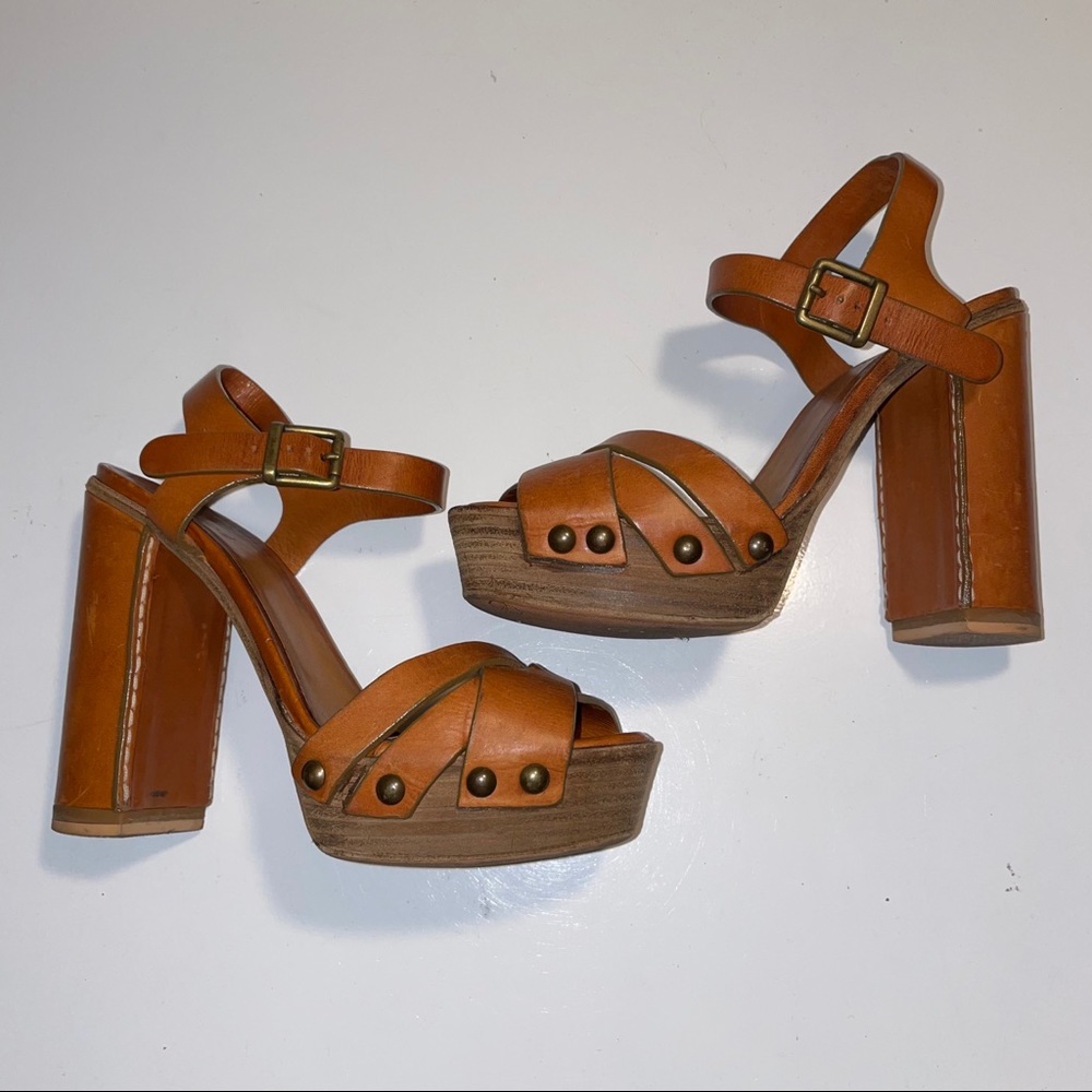 Chloe Clog Cognac Brown Platform Chunky Heels - Picture 6 of 17